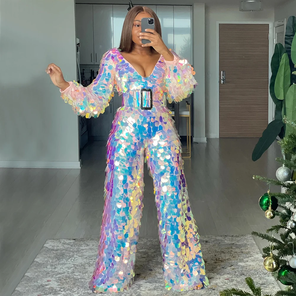 

Shiny Sequined Long Women Prom Jumpsuit Loose Long Jumpsuits Full Sleeves V-neck Fashion Women Birthday Party Outfit Clothing