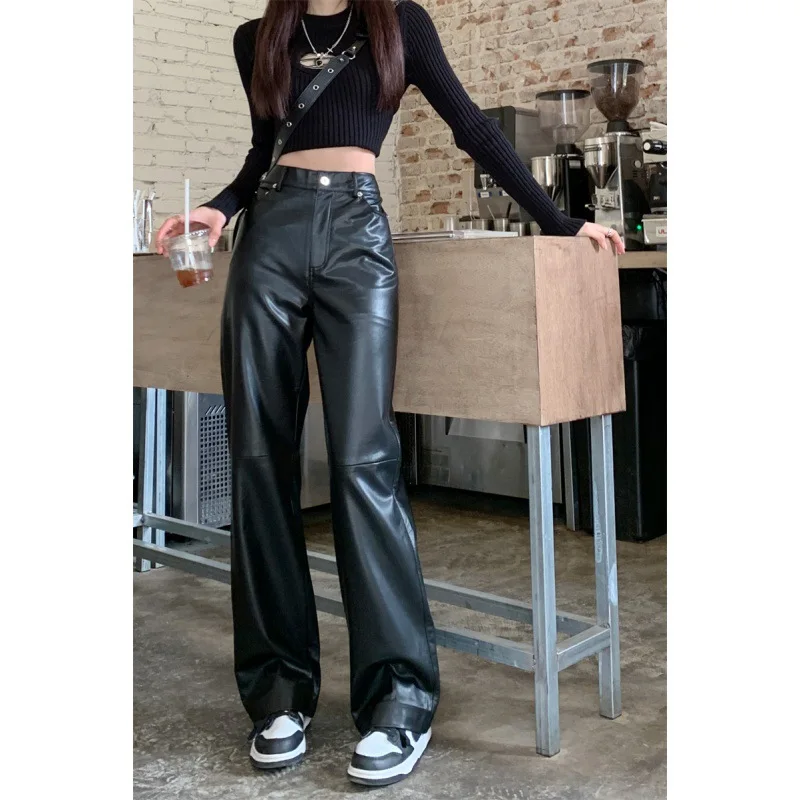 2024 Spring New Korean Women Leather Pants High Waist Straight Slimming Side Pockets Solid Color Casual Party Trousers Y2k