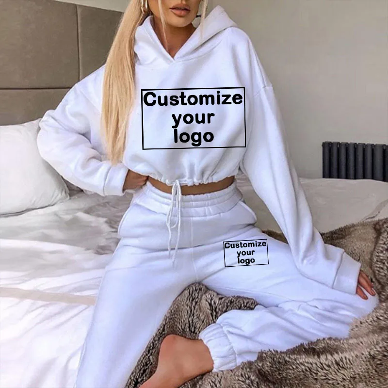Customized women's sportswear with your logo a two-piece set of hoodies and pants casual hooded and sexy open navel sportswear