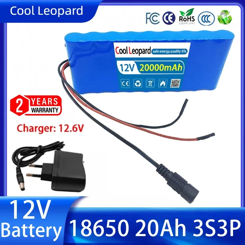 

18650 12V Lithium Ion Battery Pack Super Large Capacity 20Ah 3S3P Rechargeable Battery for CCTV Cam Monitor with BMS Charger