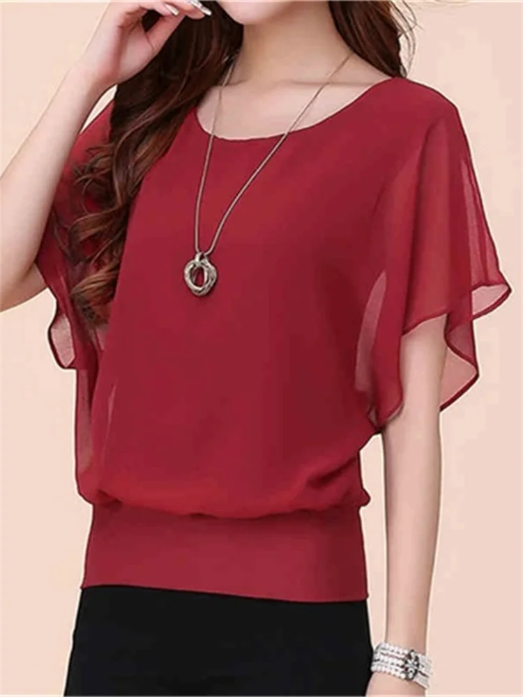 

Elegant Summer Gauze short Sleeve Solid Color Button V-neck Blouses Straight Loose Chiffon Thin Comfortable Women Clothing 2023
