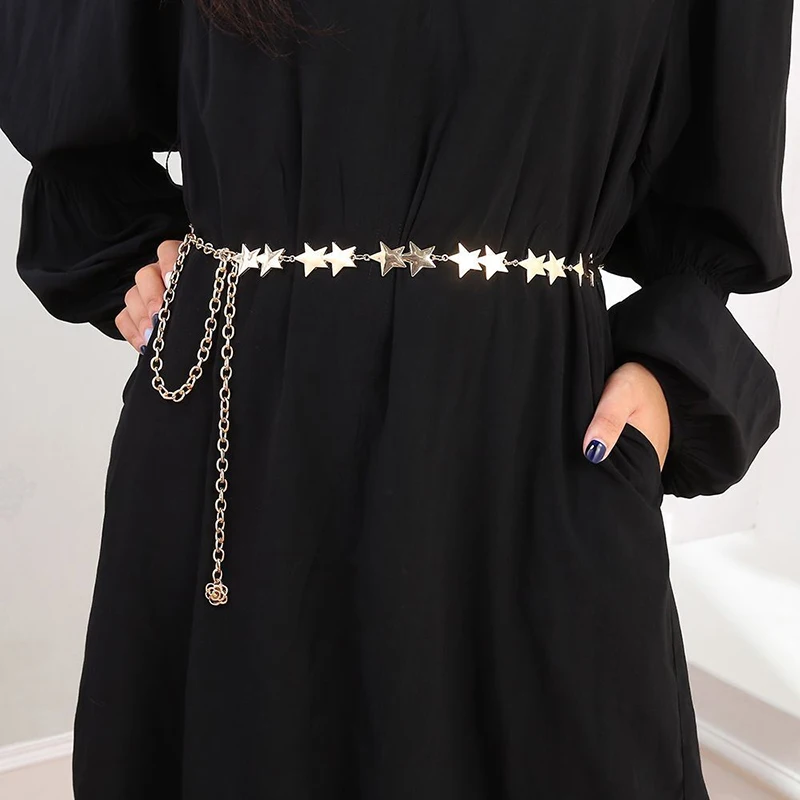 

Vintage Minimalist Women Waist Belt Female Metal Star Pentagram Tassel Chain Belt Women Decorative Body Jewelry