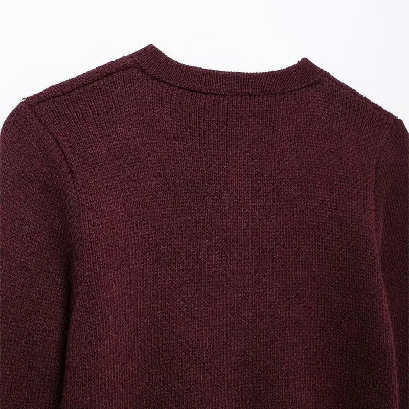 Autumn Knit Burgundy Women's Cardigans O-neck Single-breasted Long Sleeve Pocket Top Autumn Winter Lady All-match Knitwear