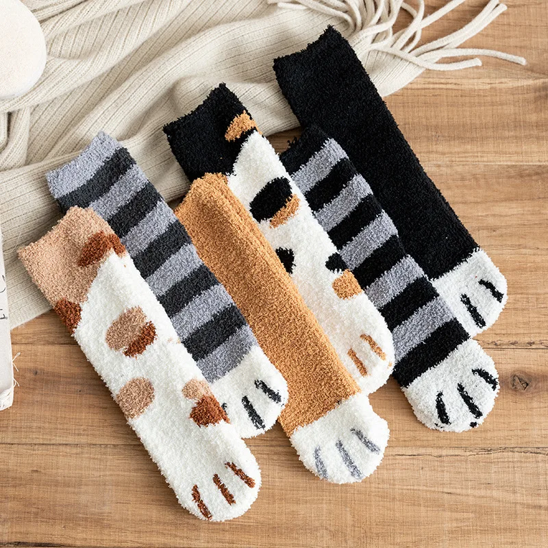 

Autumn and Winter Cartoon Cat Claw Thickened Warm Socks Half Velvet Coral Fleece Cute Sock Women