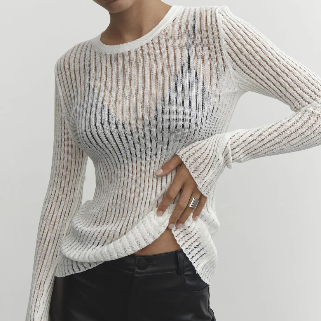 

Clinkly Fashion White Elegant Striped See Through Women Tops Outfits Long Sleeve T-shirts Tees Skinny Club Party Clothes