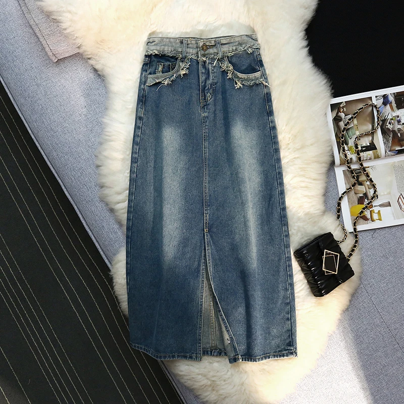 

Women Blue Denim Half Body Skirt Tassels High Waist Casual Korean Mid Length Skirt Baggy Vintage Female Long Skirt