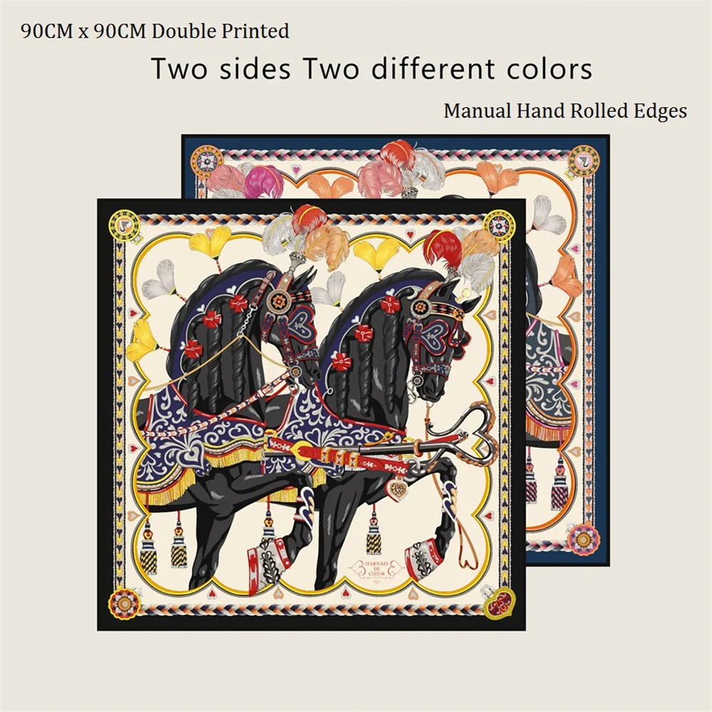 POBING Handgerollt Twill Seidenschal Frauen Zwei Pferd Doppeldruck Quadratische Schals Wraps Echarpes Foulards Femme Hijab 90CM – Detail 10