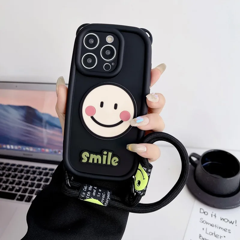Silicone Phone Case With Smiley Face And Lanyard For Iphone_voghion.com