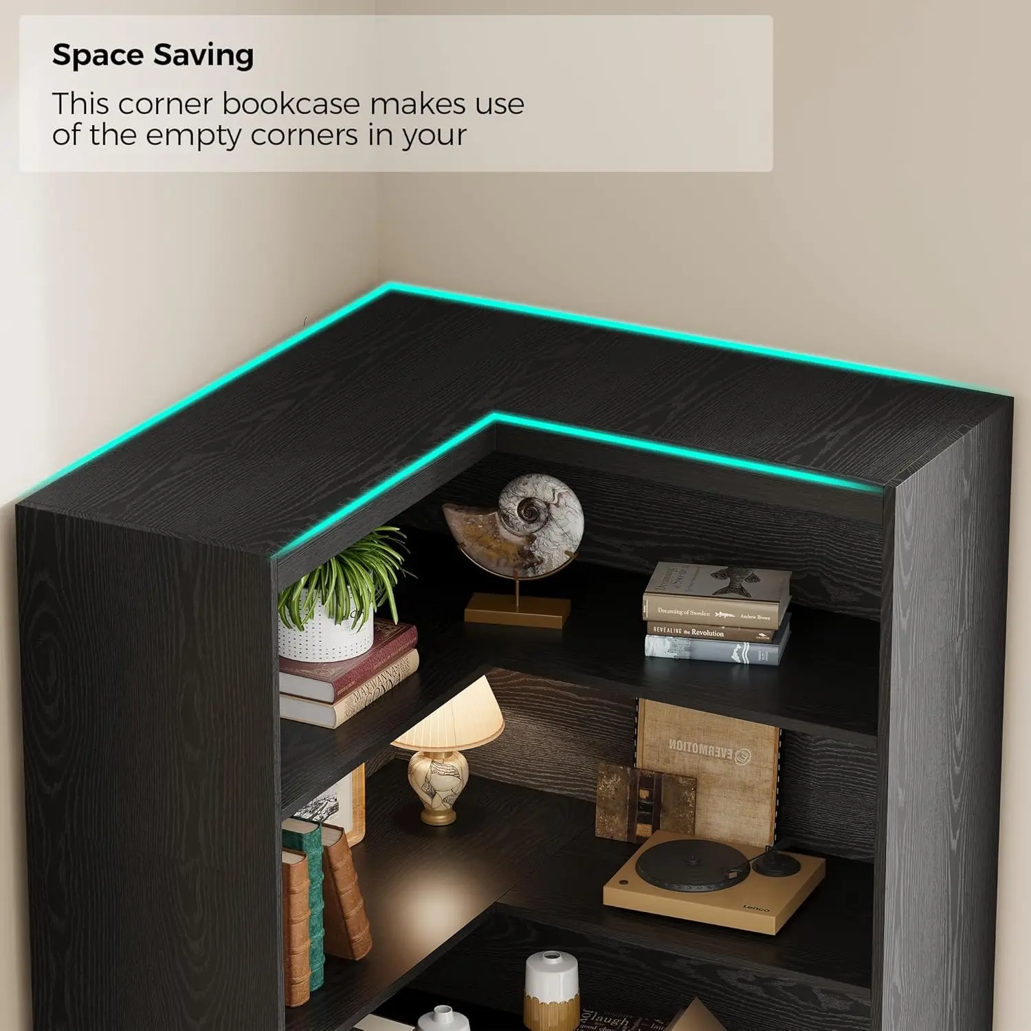 Corner Bookshelf with Doors, 6 Tier Bookcase with Storage, Corner Shelf with Cabinet, Large Tall Bookshelf