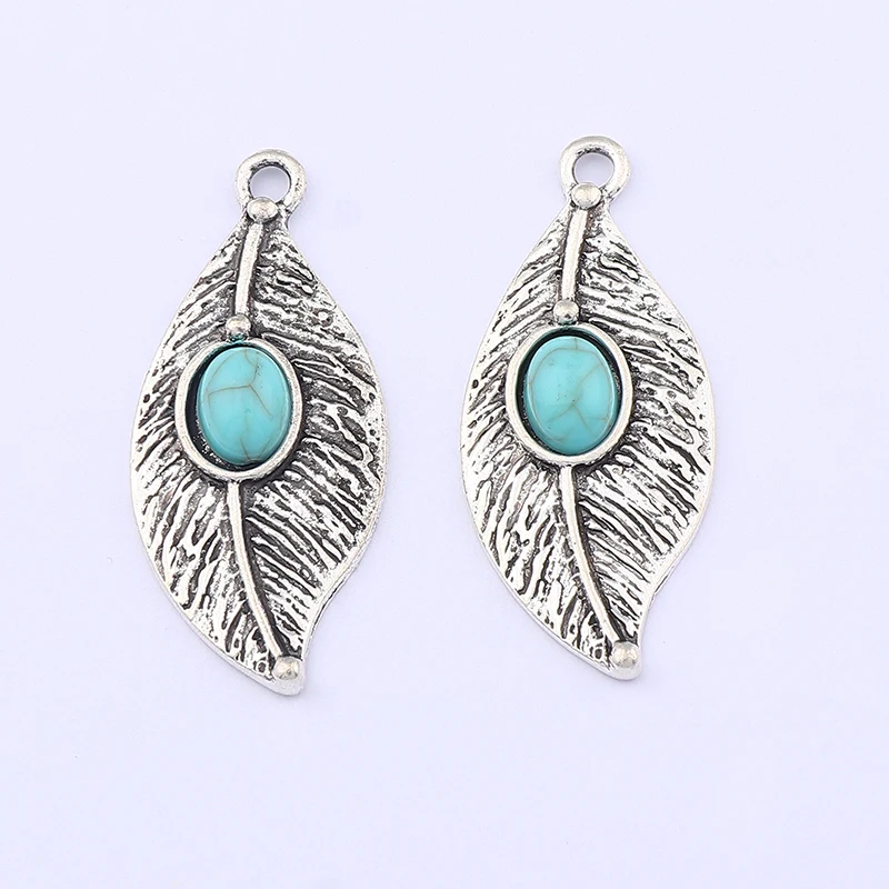 

5Pcs Tibetan Silver Imitation Turquoise Leaf Charms Pendants For DY Necklace Bracelet Jewelry Making Findings Accessories