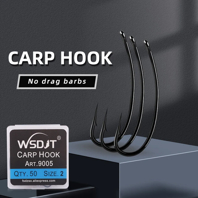 50pcs Carp Fishing Hooks PTFE Coating High Carbon Stainless Steel Barbed  Carp Hooks for Carp Rig Matt Black Curve Shank Hook