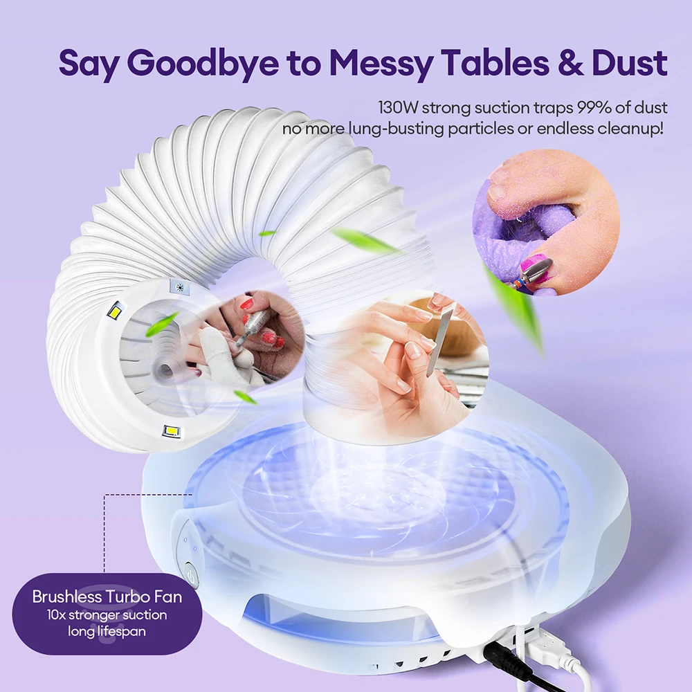 130W Brushless Double Use Nail Dust Extractor Tube Elbow Nail Dust Collector Art Manicure Powerful Vacuum Cleaner