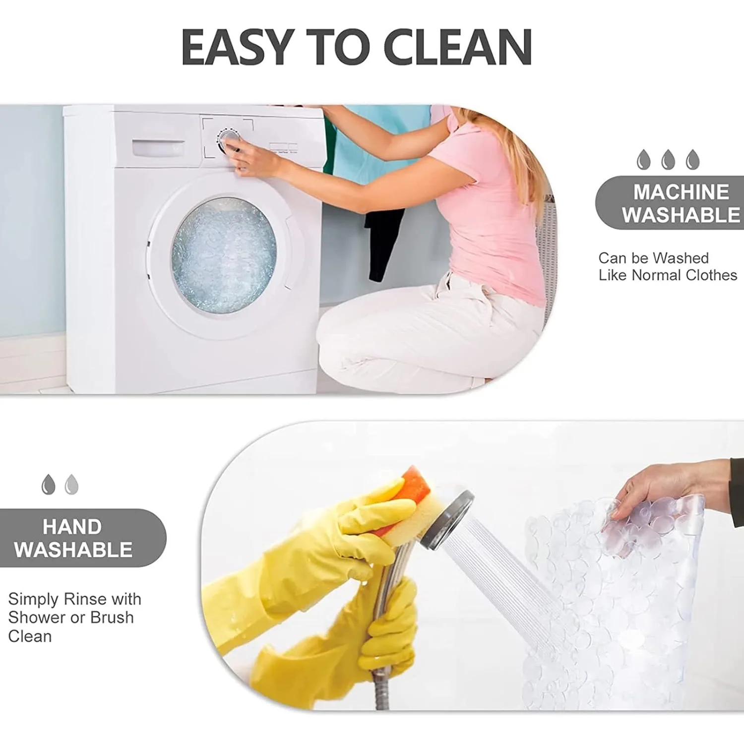 Non-slip PVC shower mat with suction cups and drain holes on a wet bathroom floor.