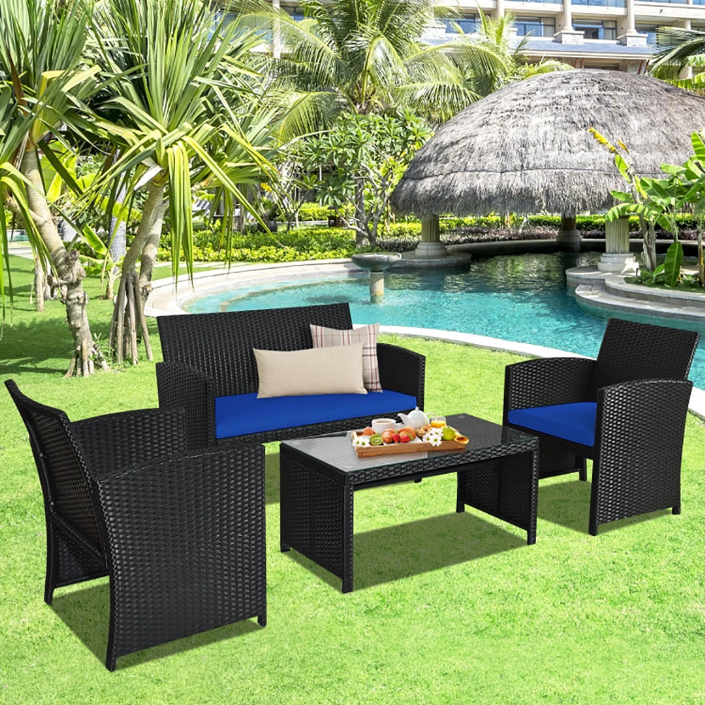 4pcs/set Patio Conversation Set Outdoor Rattan Sofas with Table Set Patio Furniture Soft Cushion Tempered Glass Coffee Table