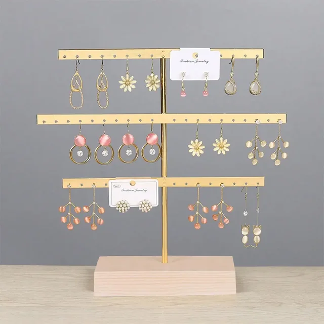 Support organisateur de bijoux à 52 trous, Base en bois, avec support pour boucles d'oreilles en métal, idéal pour la décoration de la maison et les accessoires de mariage
