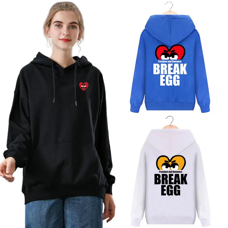 

Men Women Hoodie Cotton Cartoon Bared Teeth Embroidery Back Half Heart Letter Printing Pullover Pockets Fleece Autumn Sweater