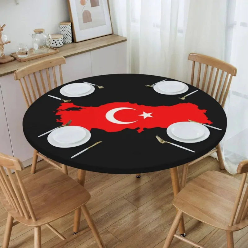 

Round Oilproof Turkey Flag Map Cover Elastic Turkish Moon and Star Table Cloth Backed Edge Tablecloth for Picnic