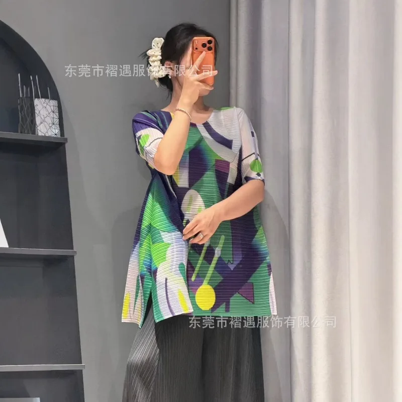 Miyake Pleated Original Print T-Shirt Plisse Women Short Sleeve Unique Top 2026 Summer New T-Shirt Stretchy Pleats Sleeve Top