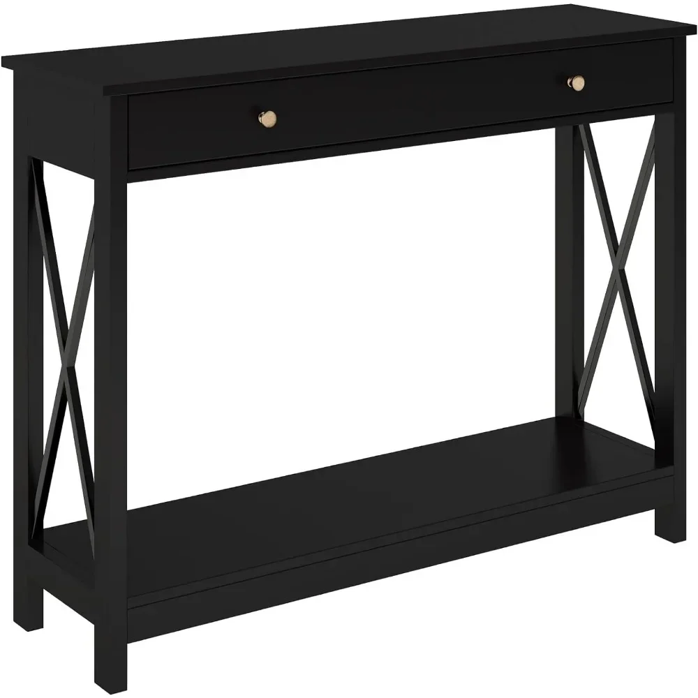 

Foyer Sofa Table Narrow for Entryway Design Console Table With Drawer and Storage Shelves Living Room Hallway Side Tables Black