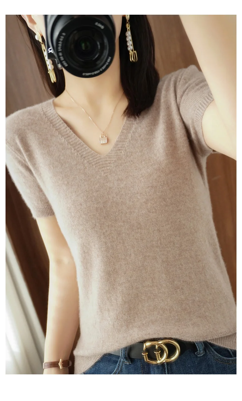 New Spring Summer Cashmere  Sweater Short sleeve V-Neck Pullover Casual Knitted Short sleeve Sweater cropped sweater