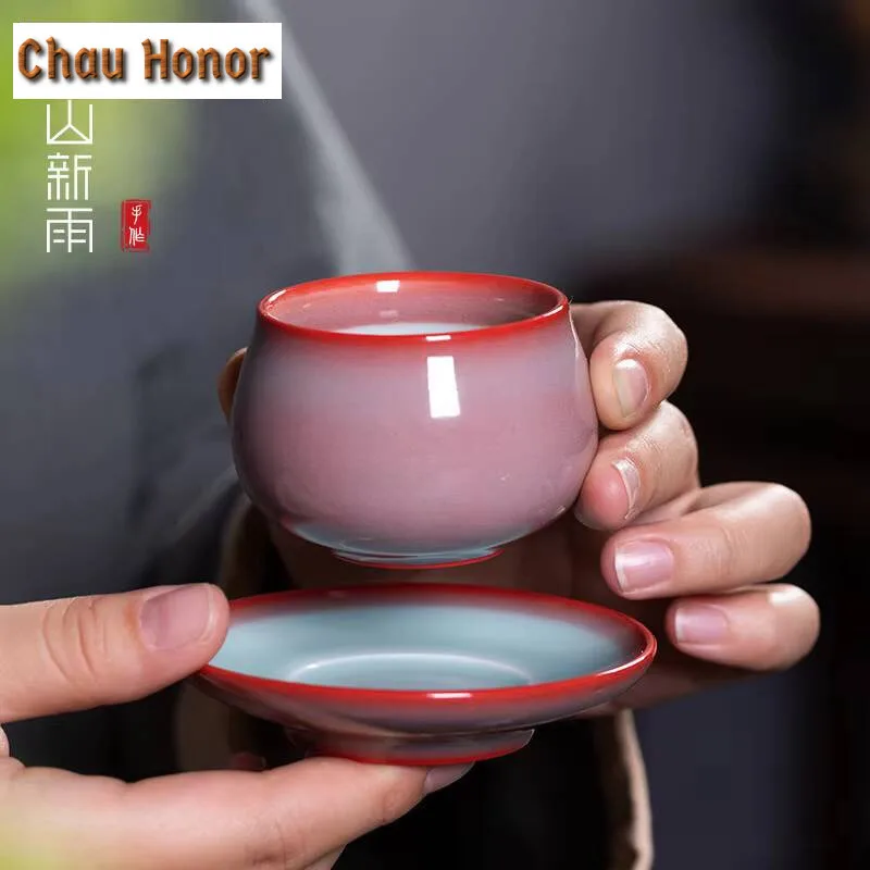 100ml Handmade Longquan Celadon Teacup Boutique Red Glaze Master Cup Top Grade Personal Tea Bowl Jianzhan Tea Services Ornaments