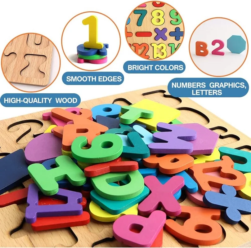 Montessori Baby Wooden Puzzles for Toddlers Learning Alphabet Number Shape Puzzle Toys Kids Educational Matching Board Wood Game wooden jigsaw puzzle