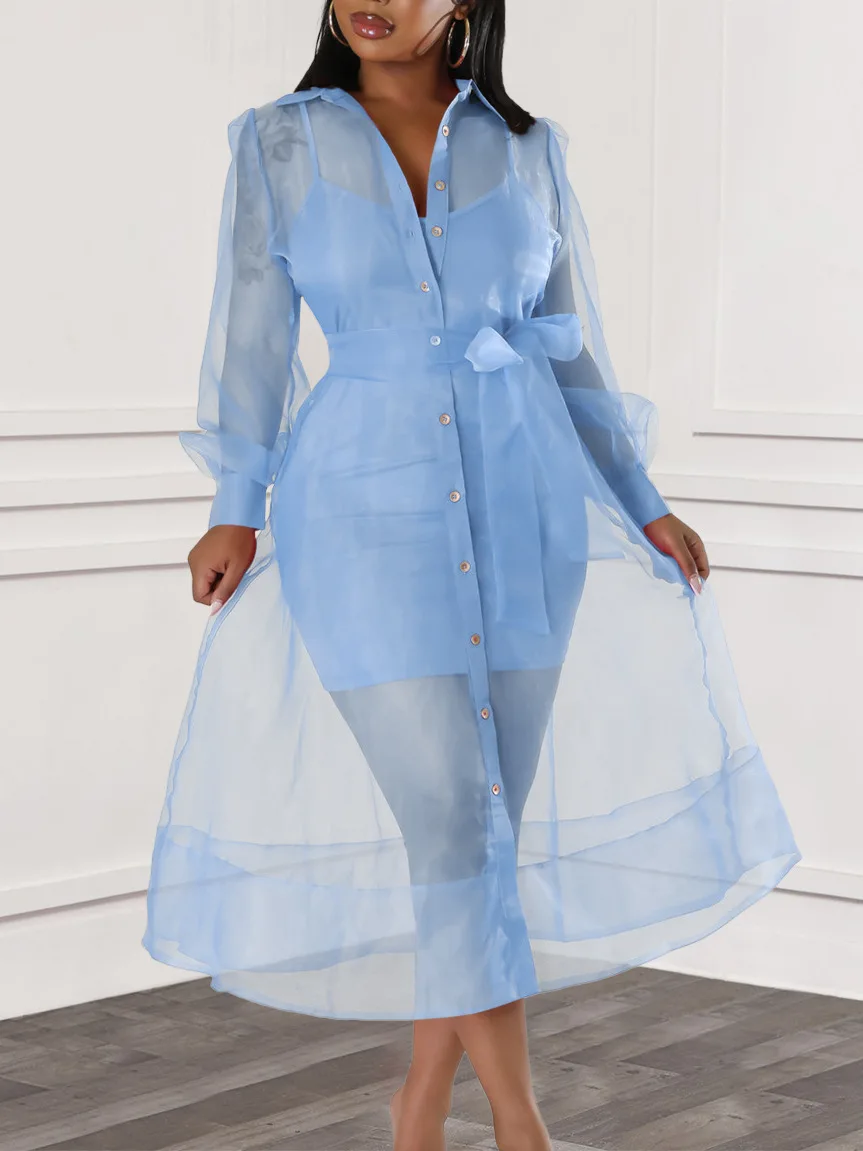Spring plus Size Sexy Gauze Lace-Up Shirt Dress Halter Vest Two-Piece Set Fashionable New Arrivals for Women - AliExpress 200000345 Spring plus Size Sexy Gauze Lace-Up Shirt Dress Halter Vest Two-Piece Set Fashionable New Arrivals for Women - AliExpress 200000345