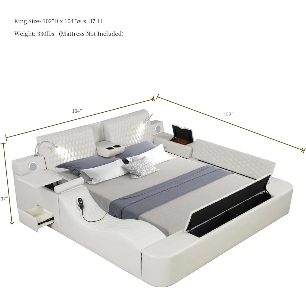 King Size Smart Bed, Multifunctional Leather Bed Frame with Massage Recliner/Adjustable Headboard,Modern Luxury Bed Frame(Beige) 2