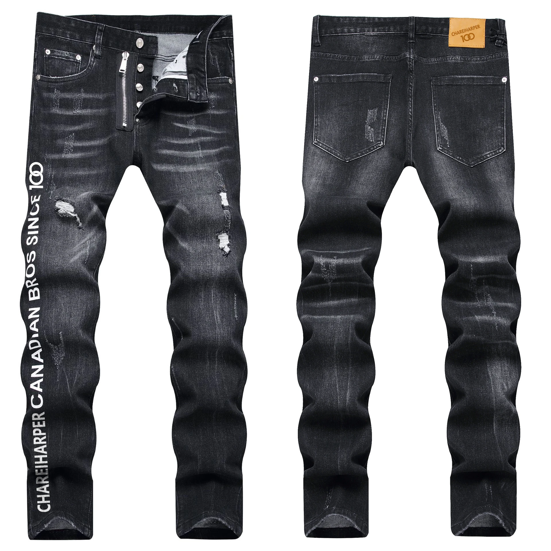 chareiharper 1022 plus size Fashion brand men's jeans personality trend print digital slim-fit small feet mid-waist pants men