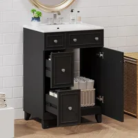 24 Inch Bathroom Sink, Standalone Single Basin Sink Set with Two Drawers and One Door, Modern Solid Wood Bathroom Cabinet 1