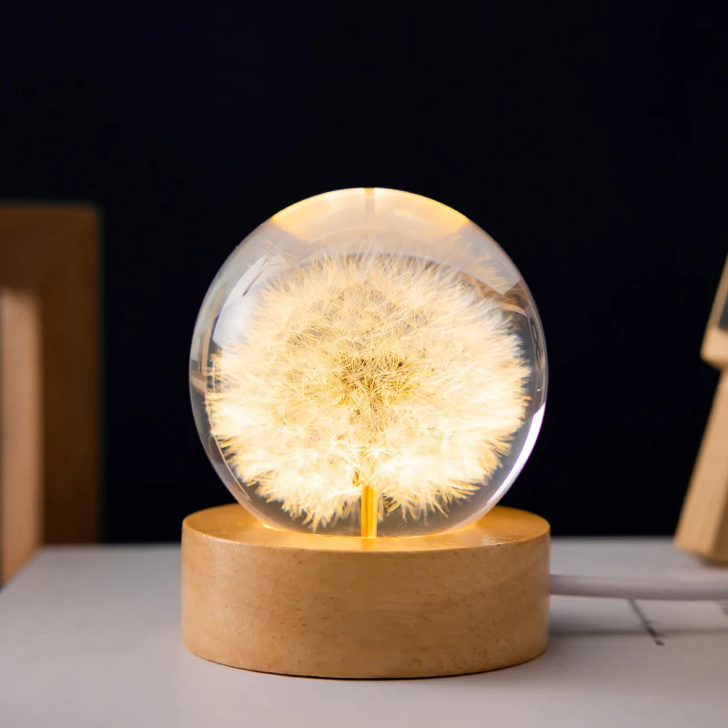 Crystal Ball 3D Dandelion 5cm 6cm Luminous Immortality Flower Gift with Wood Stand Base