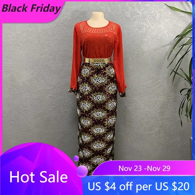 

Elastic Sequins African Dresses for Women 2024 Christmas Dashiki Sexy Pleated Sleeve Maxi Bodycon Dress Party Clothes Robe Femme