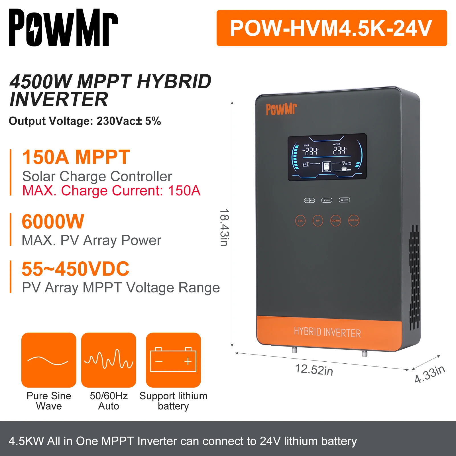 PowMr 4,5KW Hybrid Wechselrichter 24V DC auf 220V/230V AC mit 150A
