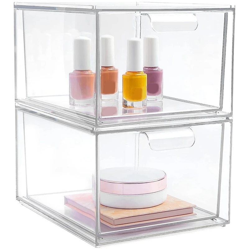 

2 Pack Stackable Makeup Organizer Storage Drawers Clear Plastic Storage Box Acrylic Bathroom Organizer