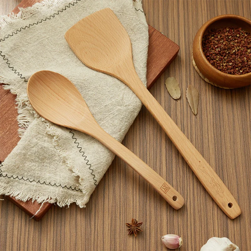 1PC/1 set Stir-frying Wood Spatula Pure Natural Log Soup Spoon Non-stick Special Wooden Spatula