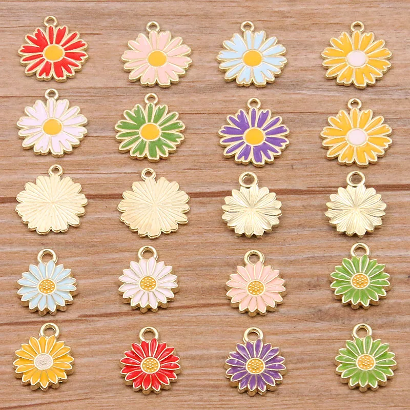 10Pcs 7Color 2 Style Alloy Metal Drop Oil Colorblock Daisies Charm Flower Plant Pendant For DIY Bracelet Necklace Jewelry Making