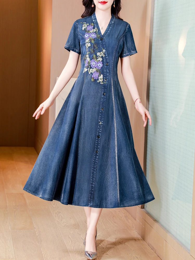 TIYIHAILEY-Long Mid-Calf Short Sleeve Denim Dress, Chinese