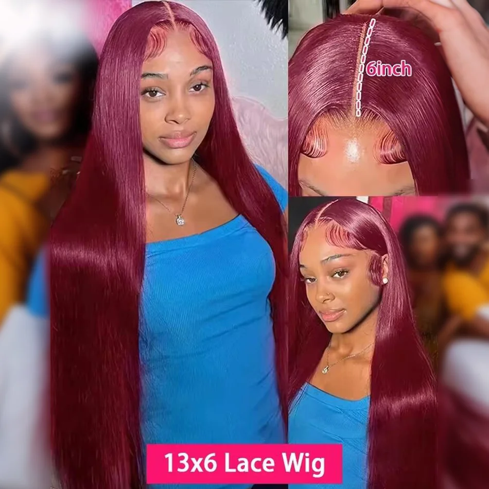 99J Colored Straight Lace Front Human Hair Wigs Straight Burgundy 13x6 Transparent Lace Frontal Wig Red Wine Wig For Women Pre P - Image 3