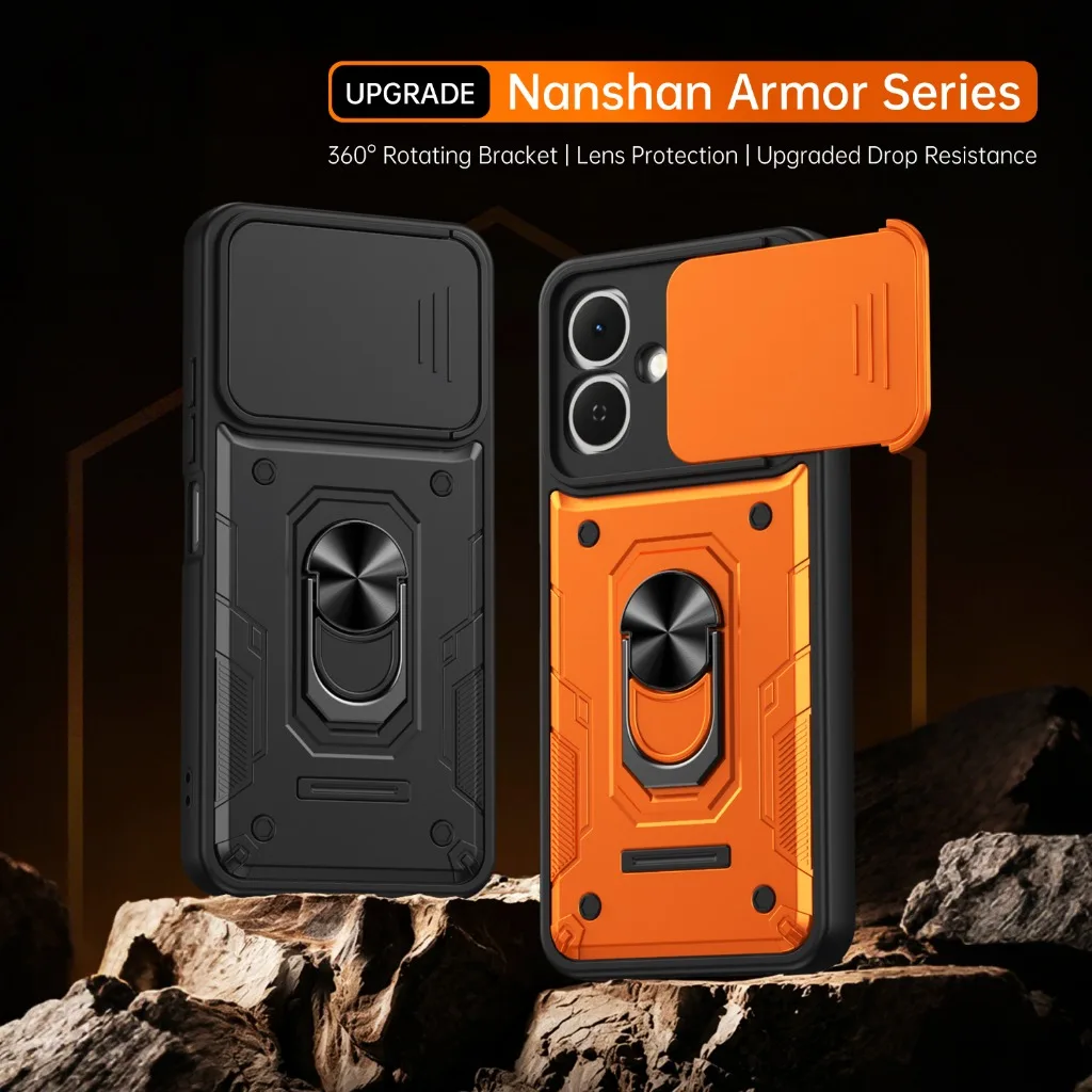 Shockproof Armor Phone Case with Slide Camera Protection and 360° Ring Holder Cover