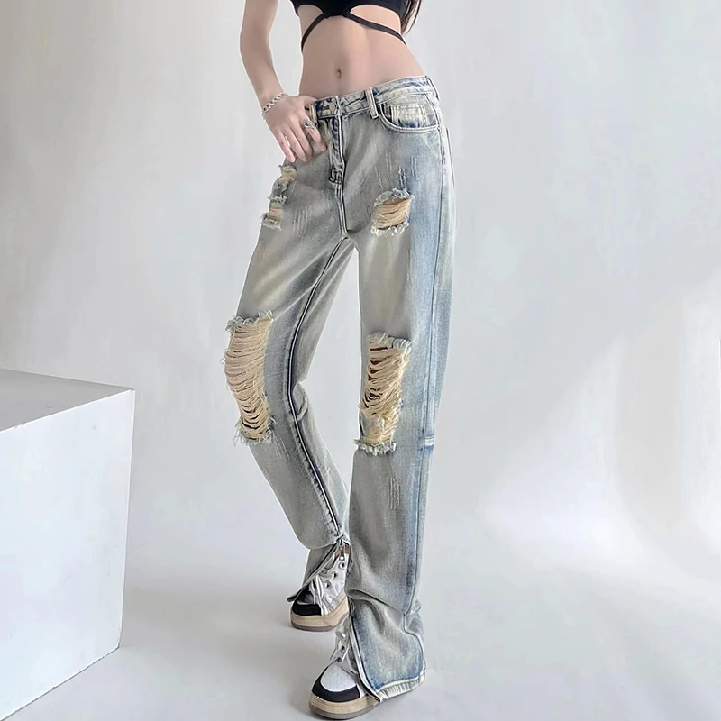 Y2k American Vintage Ripped Straight Jeans Women Hole Washed Wide Leg Denim Pants High Street Cargo Streetwear Hip Hop Fashion