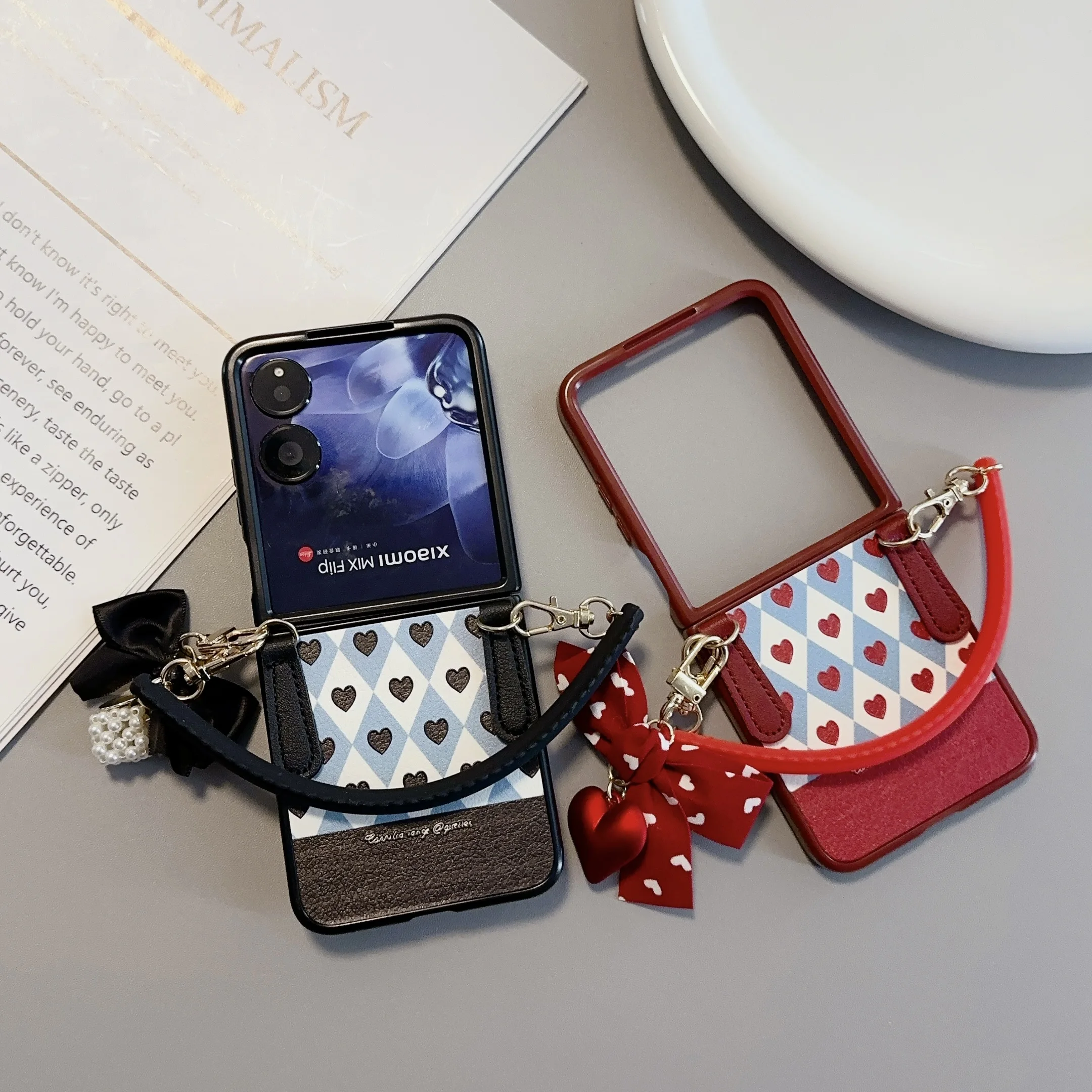 Love Artificial Leather Phone Case with Bracelet - Shockproof Folding Hard Cover Accessory