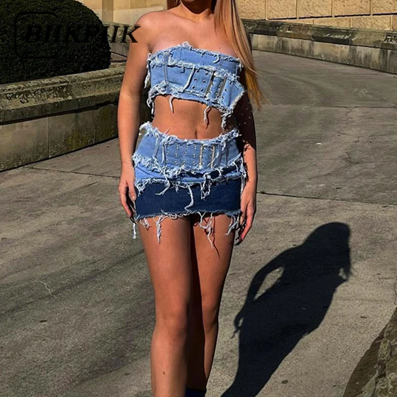 BIIKPIIK Fashion Women Denim 2 Skirts Sets Zipper Sexy Top + Patchwork Concise Skirts Suits Summer Streetwear Hot Style Clothing