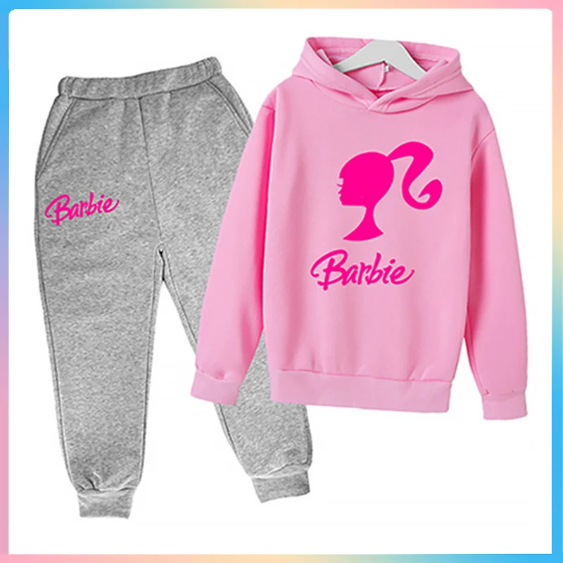 

Miniso Barbie Long Sleeved Hooded Sweatshirt Cartoon Letter Printed Printed Hoodie Anime Cartoon Coat Long Pants Suit Kids Gifts