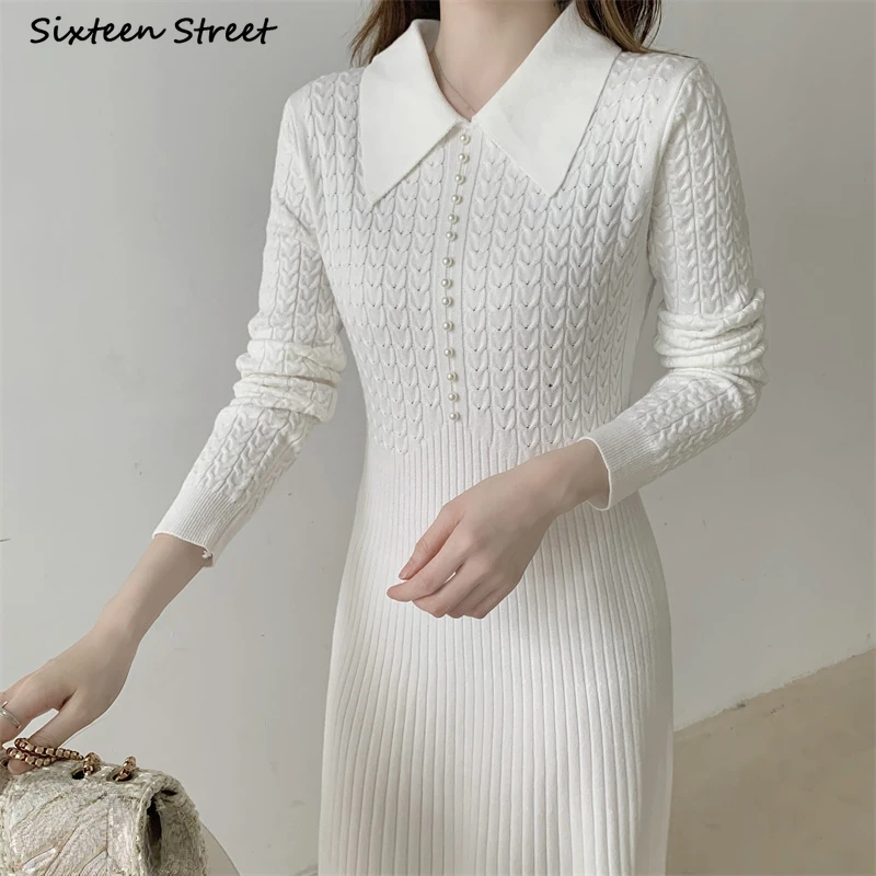 

Chic Beading Woolen Dress Women Autumn 2023 Turn-down Neck Elegant Long Sweater Dress Lady Office Runway Design Knitwear Winter