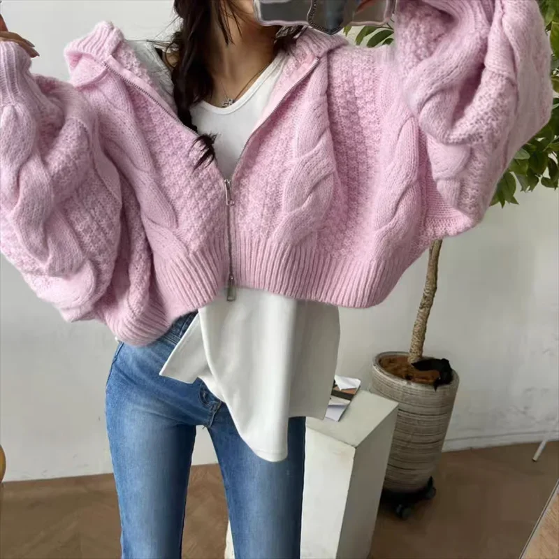 Women Long Sleeve Knitted Sweater Casual Hooded Cardigan
