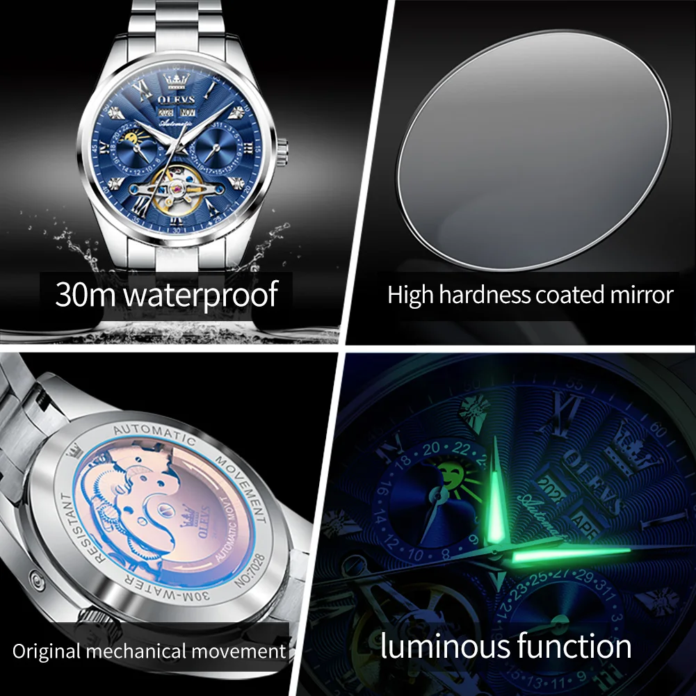 OLEVS 7028 Men Automatic Watch Top Brand Hollow Moon Phase Mechanical Watch For Men Auto Date Original Luxury Men's Wristwatch