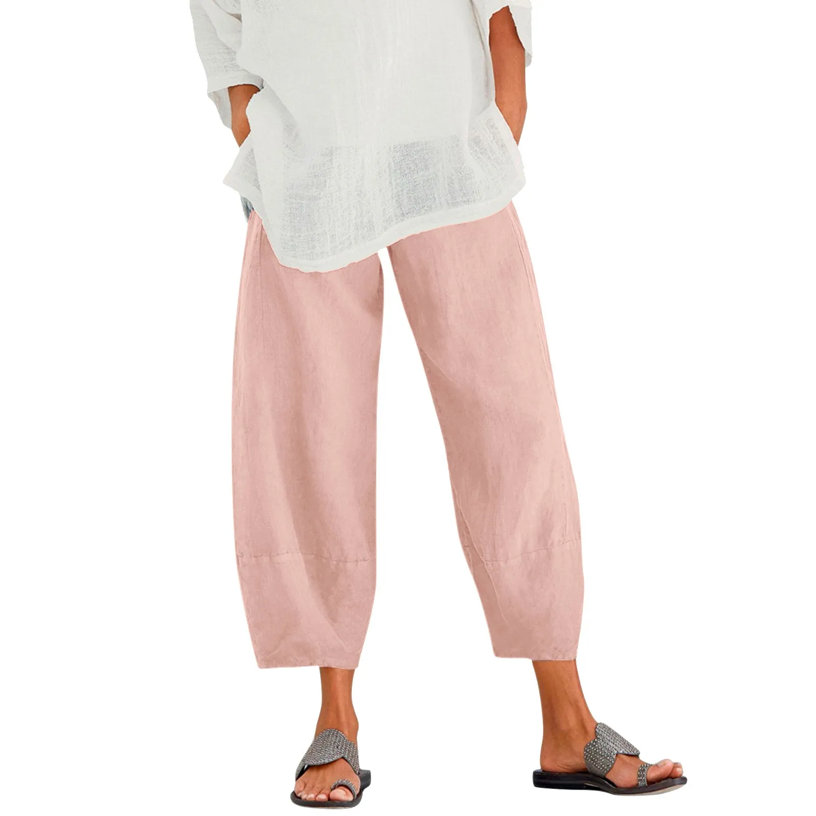 

Women Pure Color Loose Pant Waist Crop Linen Elastic Trousers With Pocket Women Casual Harajuku Sweatpants Sportswear Pants