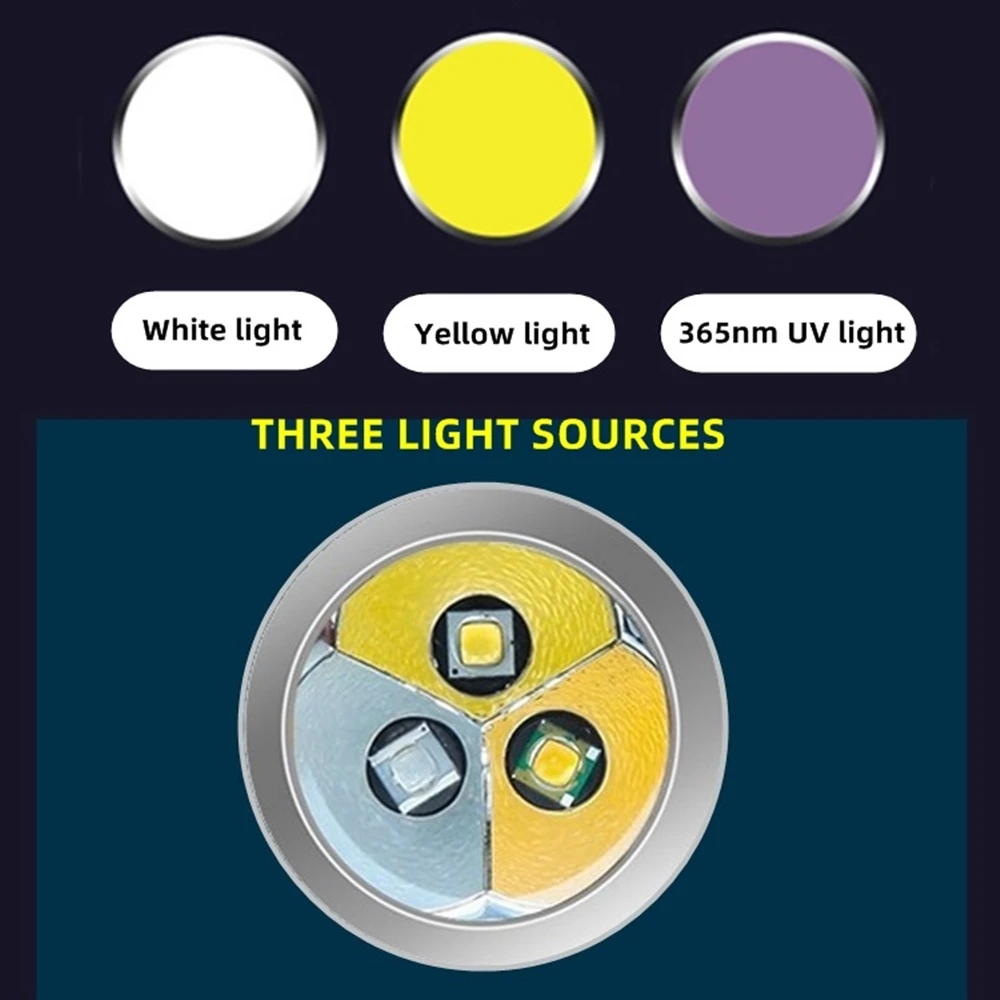 3-in-1 화이트 옐로우 365nm UV LED 손전등 USB 충전식 보석 옥 돌 애완동물 얼룩 백선 표시기 광석 돈 전갈 라이트