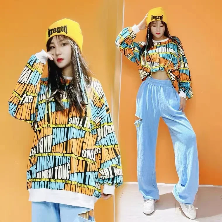 

Girls Jazz Sweatshirt Gogo Costume Hip Hop Dance Clothing Women Long Sleeve Letters Tops Outfit Modern Dance Clothes