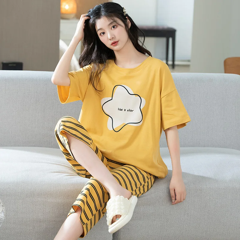 Spring Summer Women's Thin Pure Cotton Pajamas Round Neck Short Sleeve Pullover Capris Loose Home Clothing Set Sweet Sleepwear